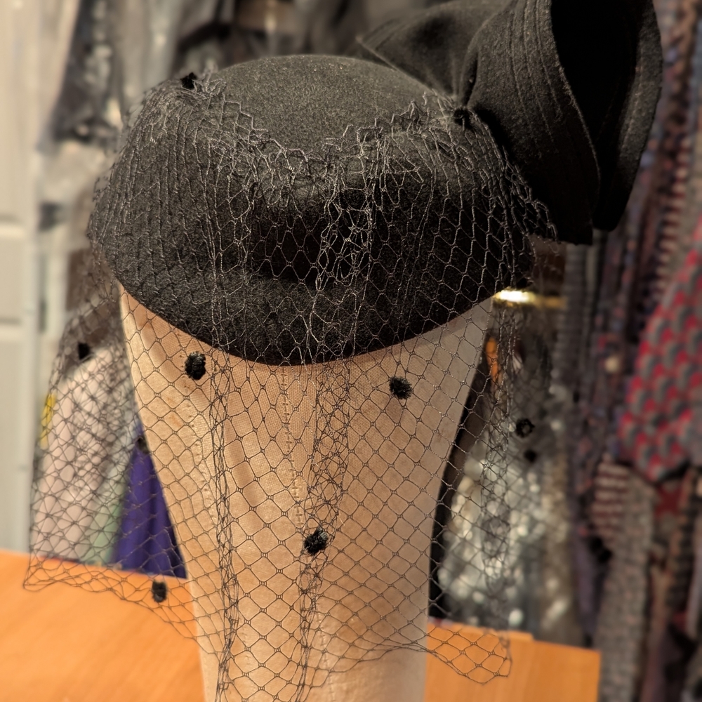 Vintage Black Veiled Pillbox Hat With Large Felt Swirl.  Authentic Mr. John